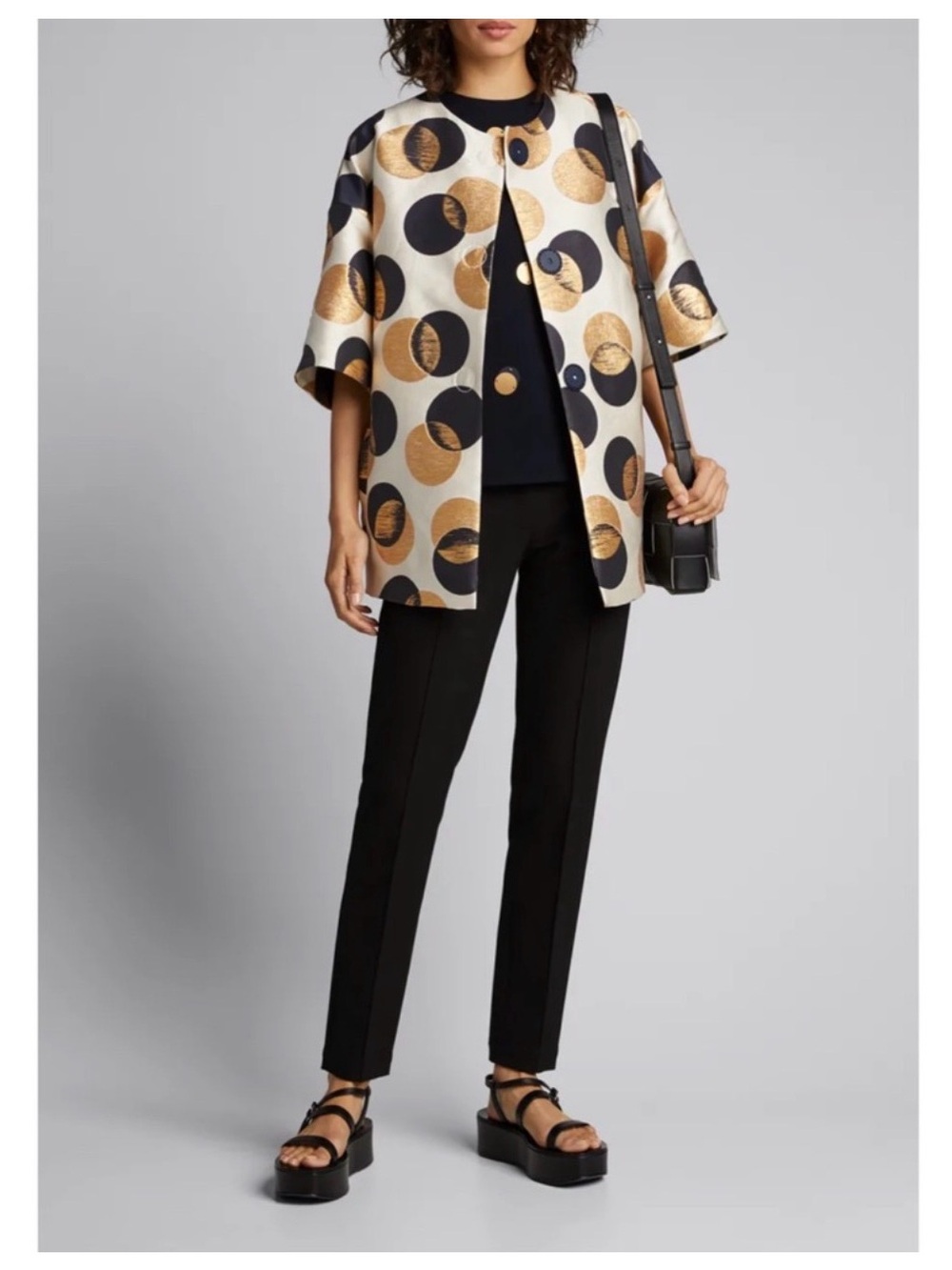 NWT Akris Punto Metallic Gold Navy Jacquard Dot Car Coat Size 12 $1490